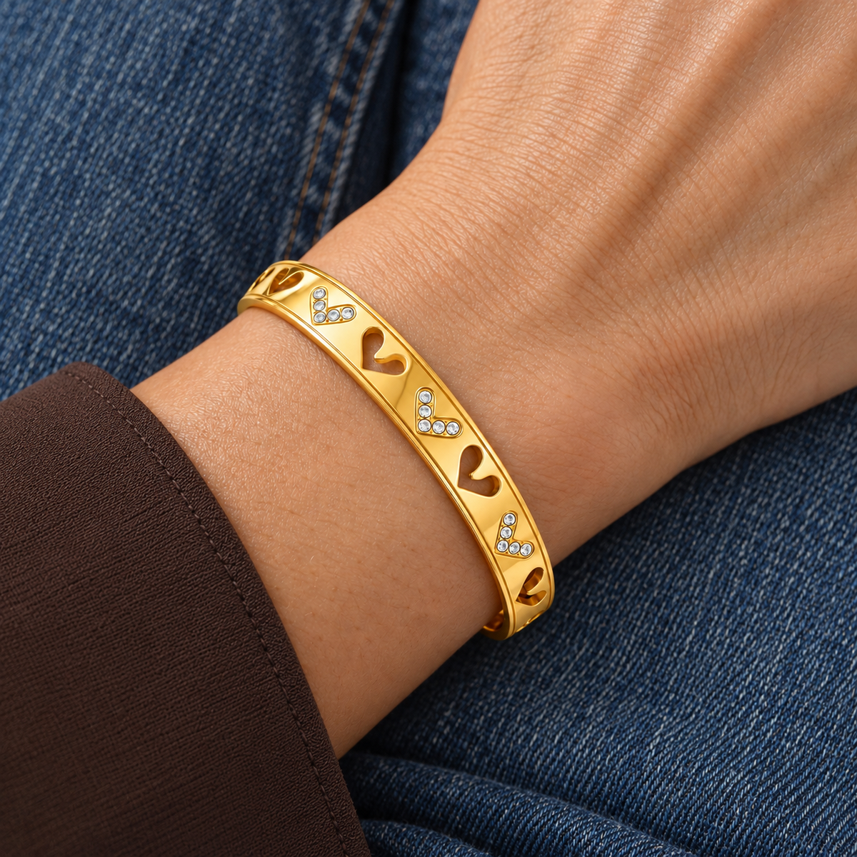 Muse Heart Bracelet worn on wrist with modern everyday clothing