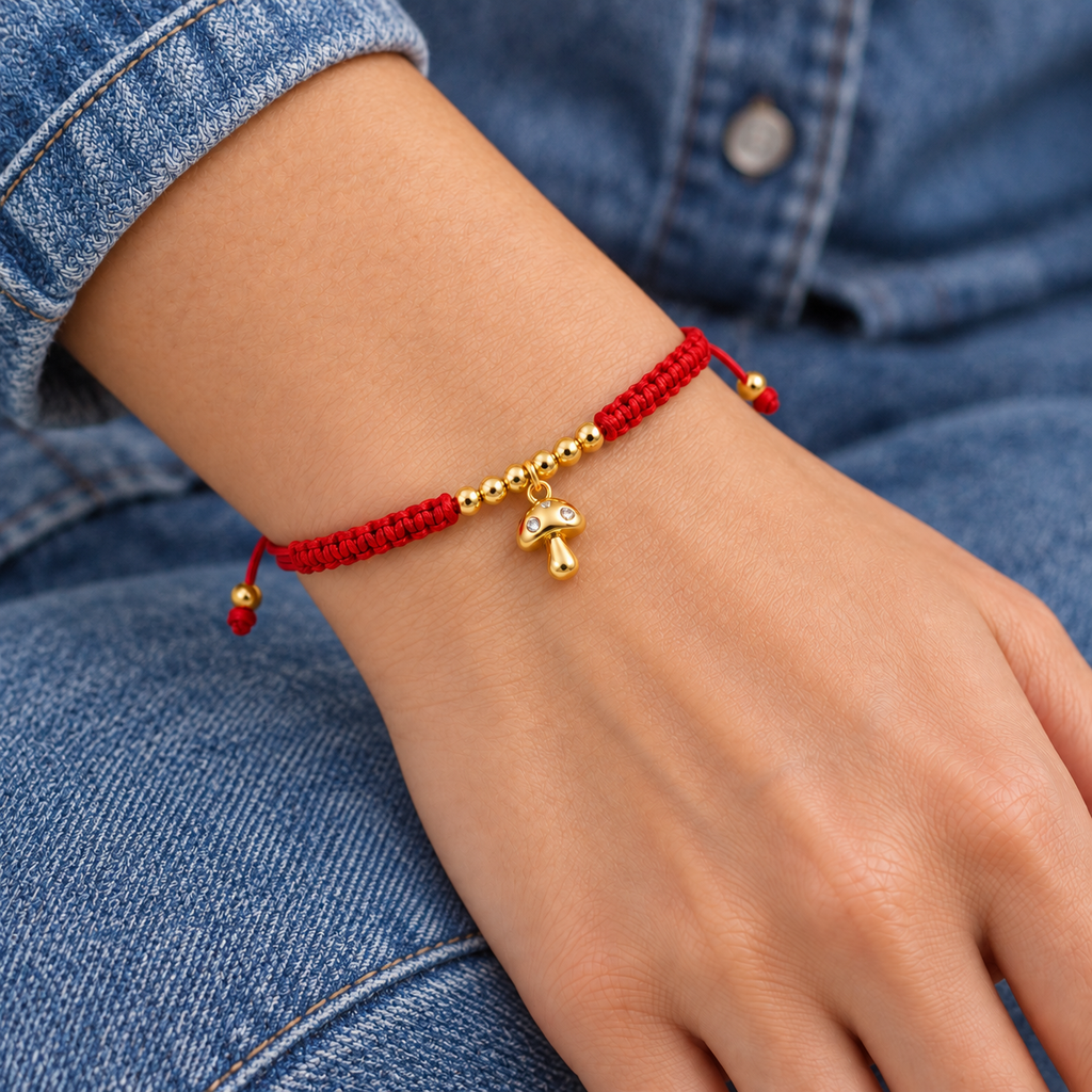 Mystic Mushroom Cord Bracelet worn with casual everyday clothing