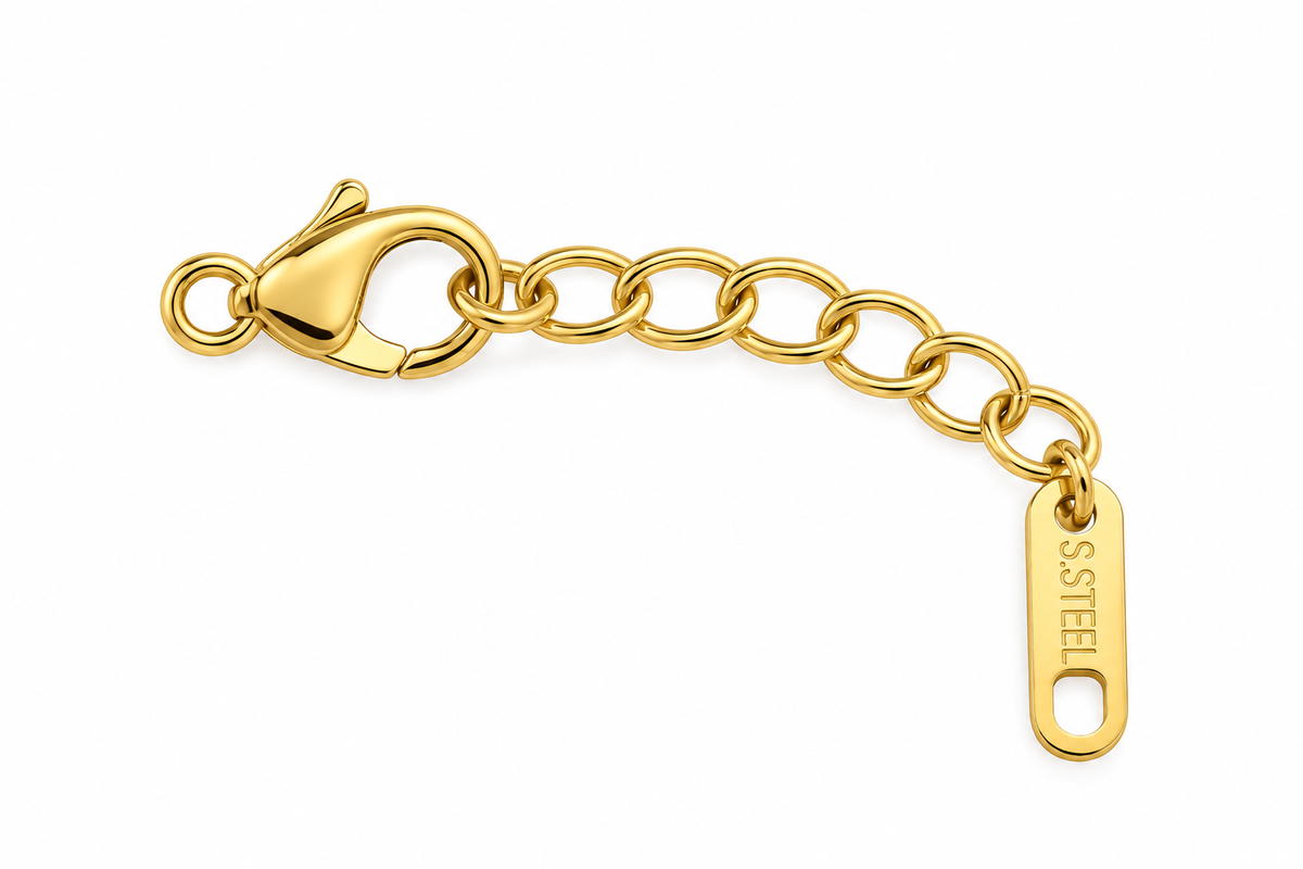 Gold lobster clasp, extender chain and S.STEEL tag on white background