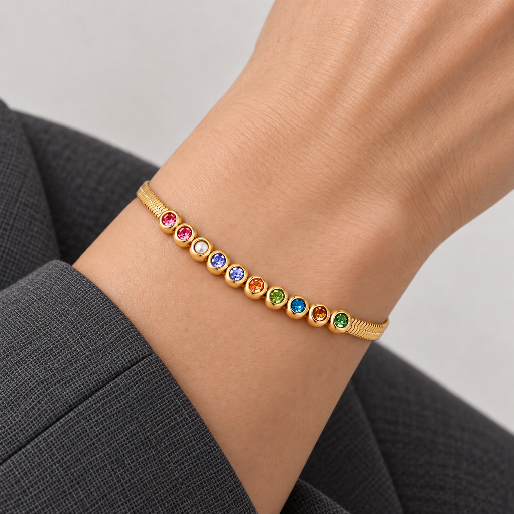 Nina Crystal Bracelet worn on wrist with modern everyday clothing