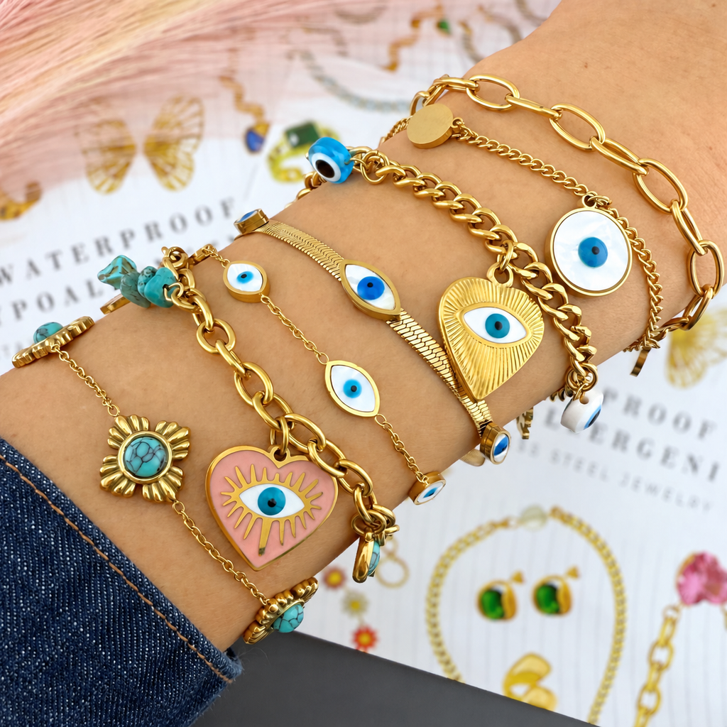 Noor Evil Eye Bracelet stack with dark indigo denim cuff
