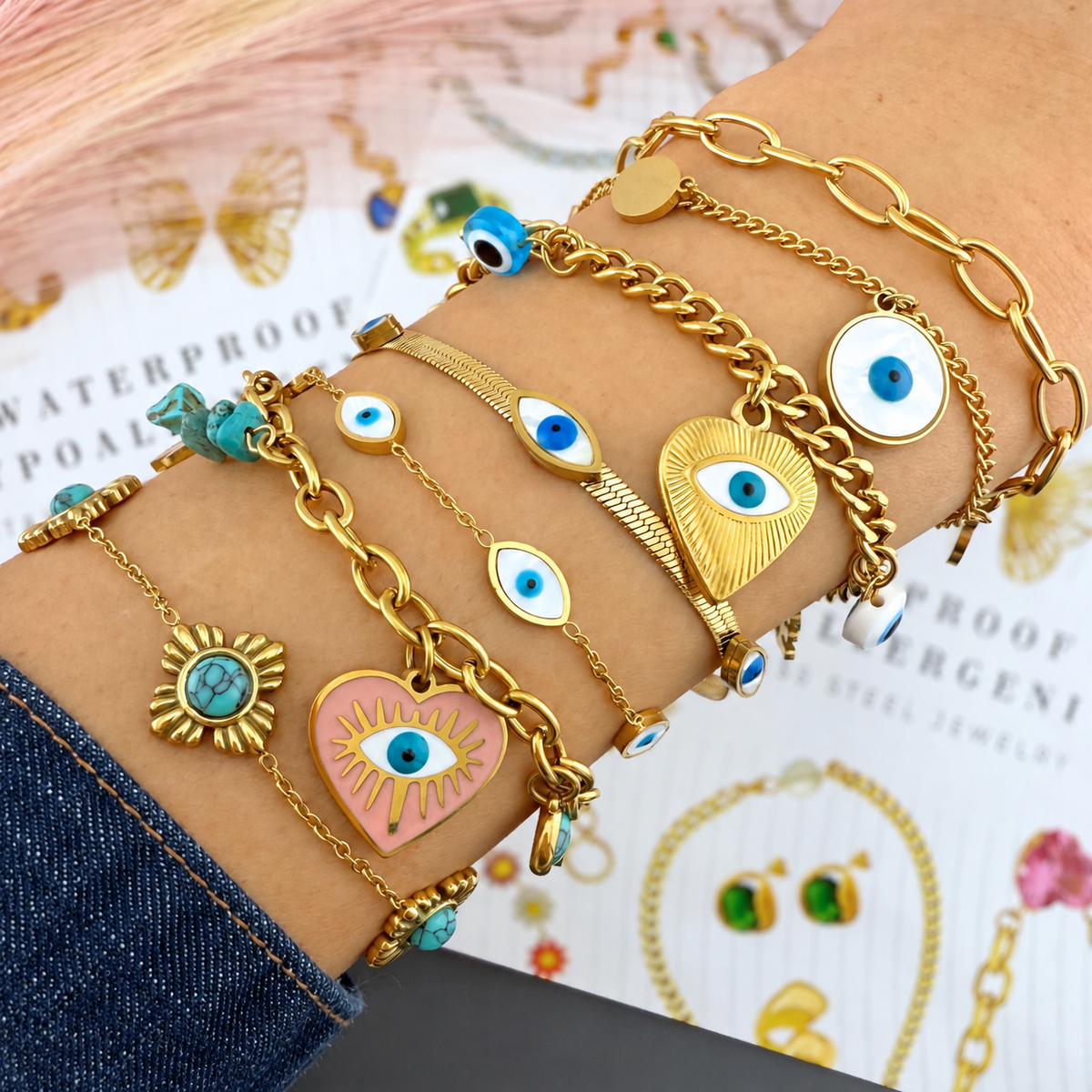Noor Evil Eye Bracelet stack with dark indigo denim cuff