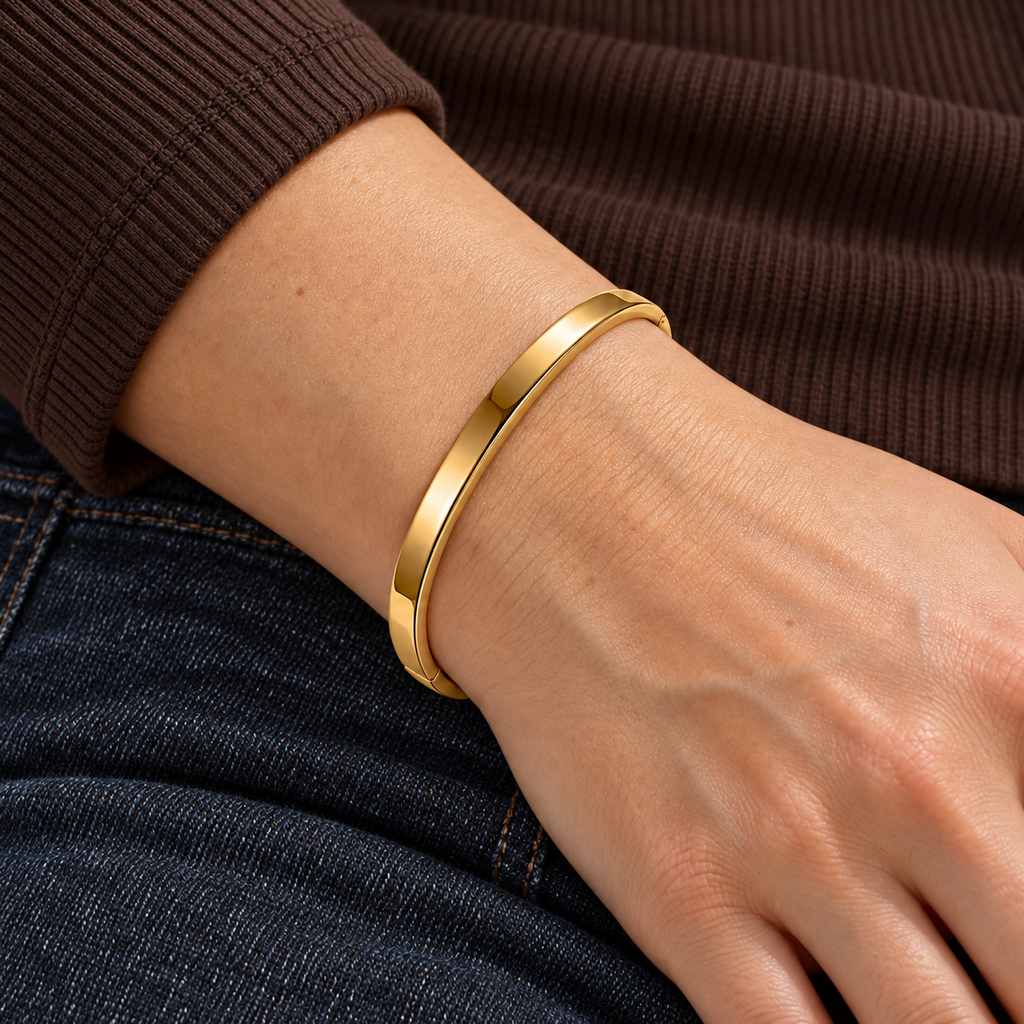 Nova Engravable Bracelet worn on wrist with modern everyday clothing