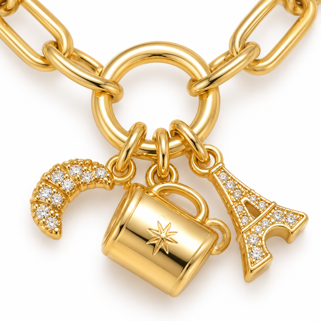 Paris Charm Paperclip Bracelet — close-up detail