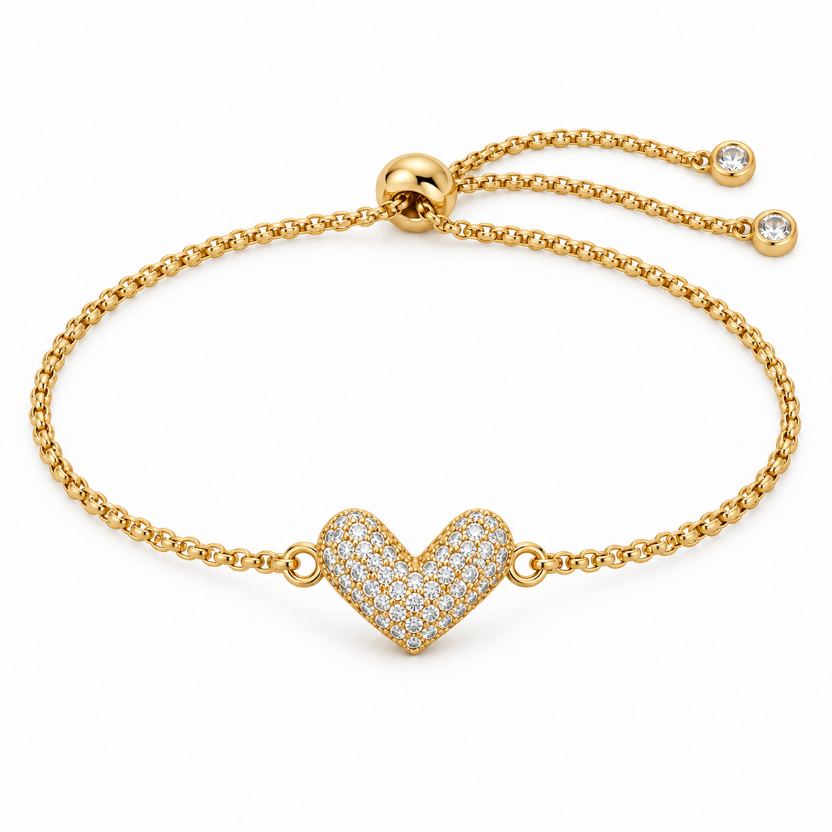 Pavé Infinity Heart Adjustable Bracelet with sliding clasp and two crystal-tipped chain ends on white background