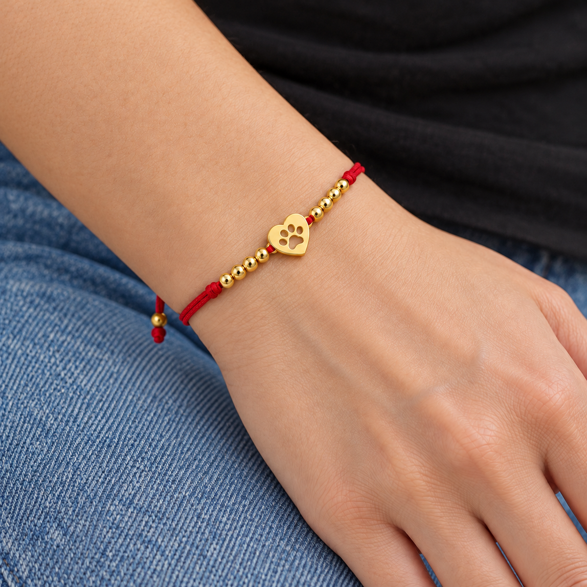Paw Heart Cord Bracelet worn with casual everyday clothing