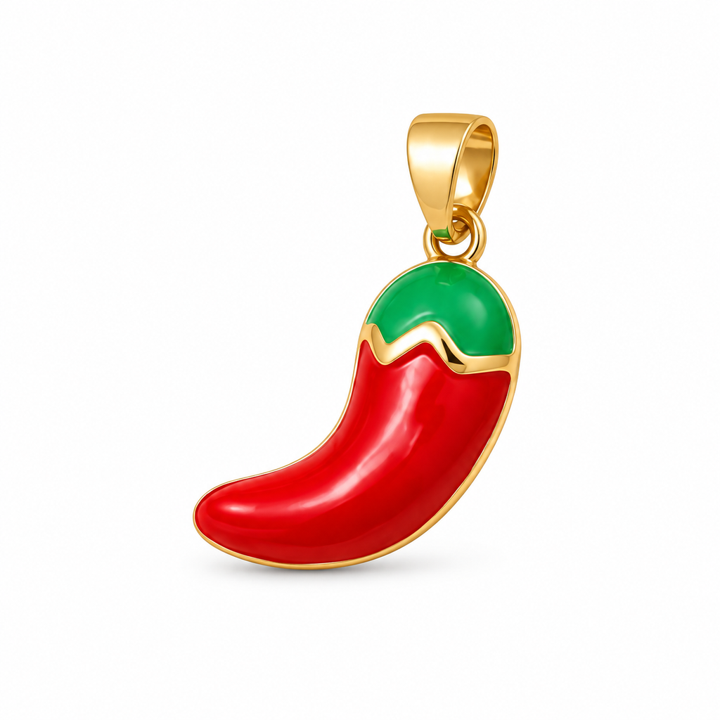 Red Chili Pepper Charm Pendant - Gold Plated on white background