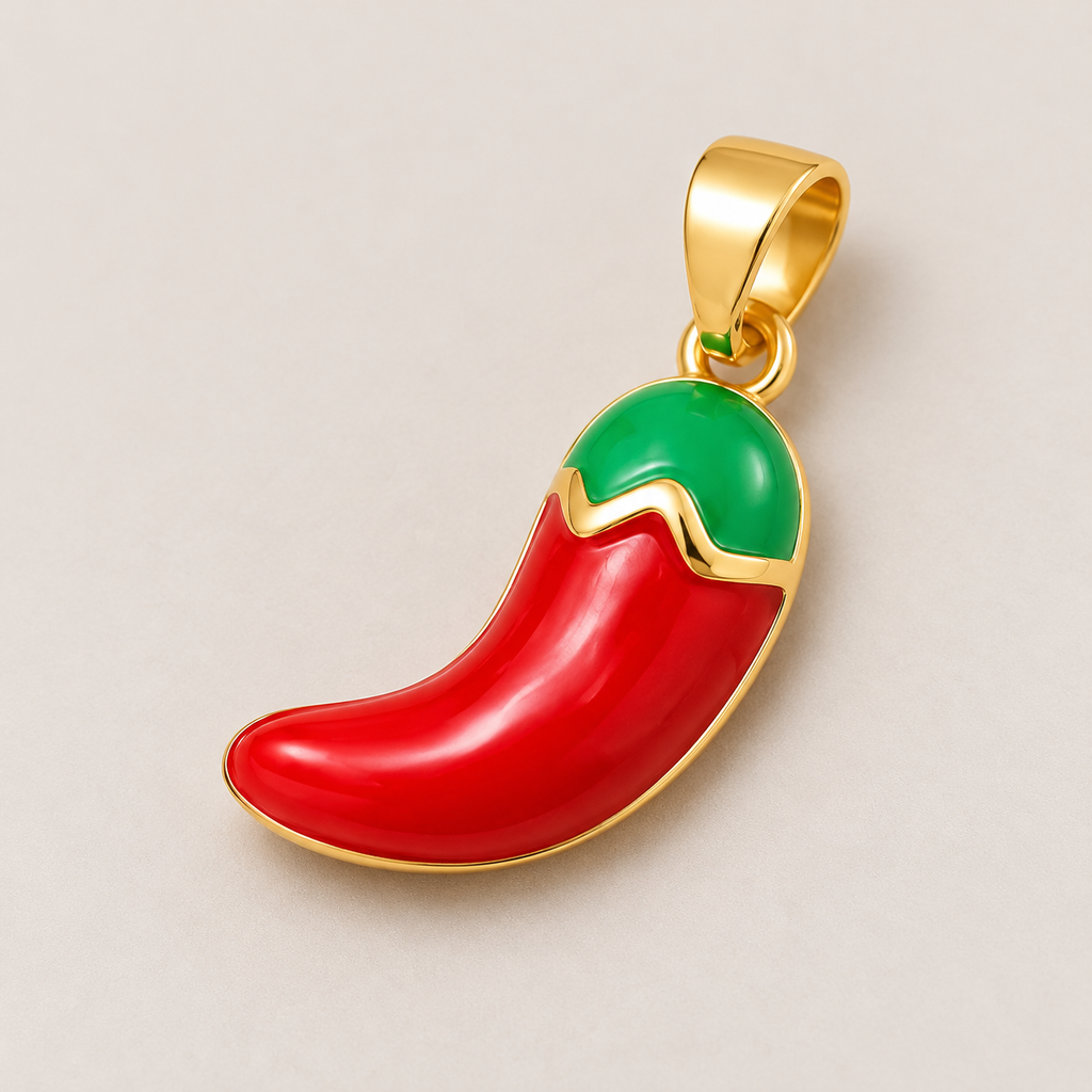 Red Chili Pepper Charm Pendant - Gold Plated - close-up detail