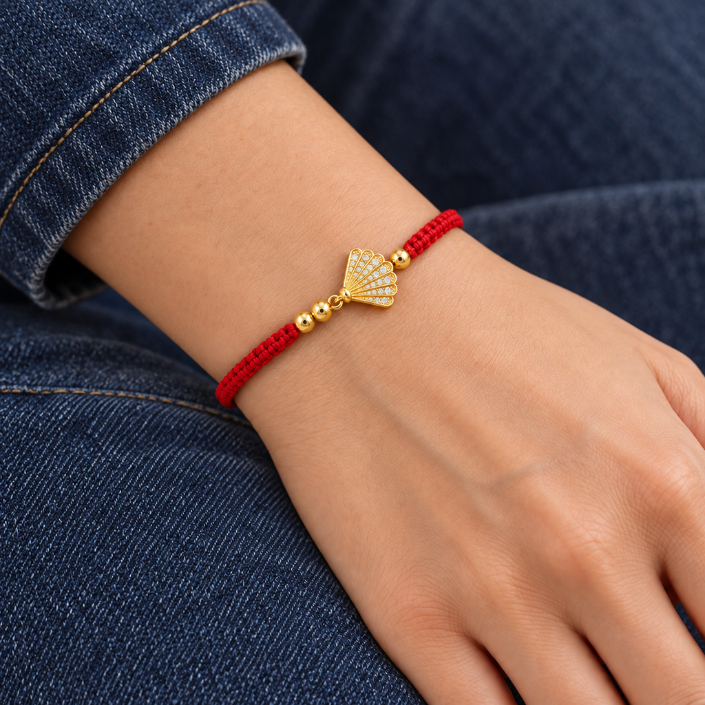 Red Seashell Cord Bracelet — try-on with modern dark clothing