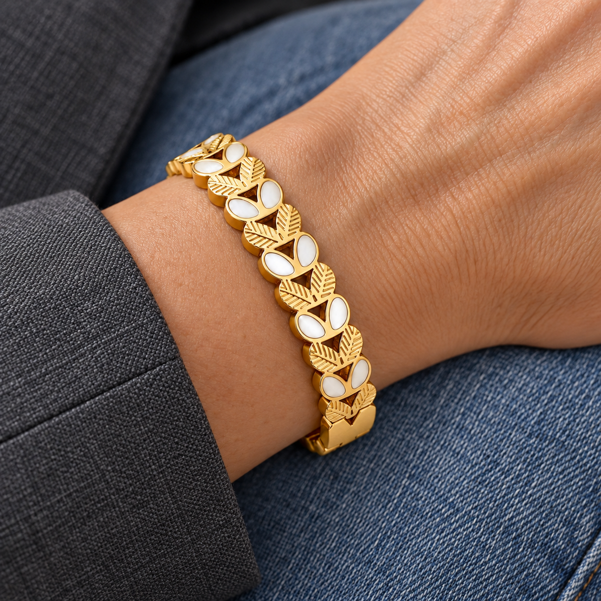 Renata Leaf Bracelet worn with contemporary clothing