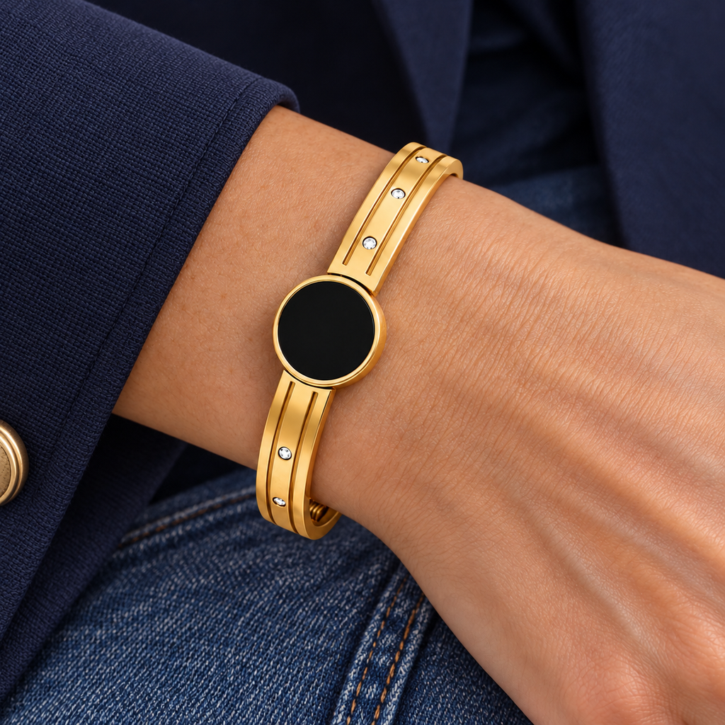 Rhea Crystal Bracelet worn on wrist with modern everyday clothing