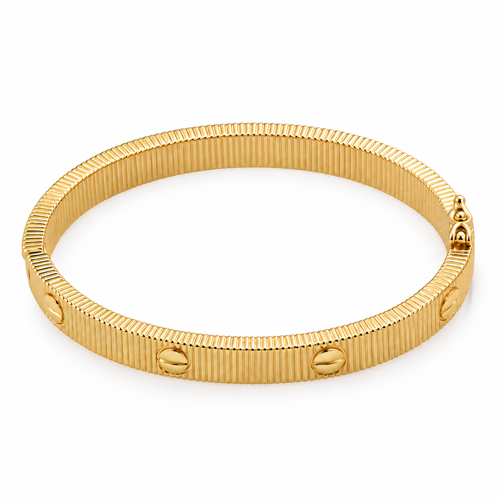 Ribbed Bangle – Gold Tone, one bracelet on white background