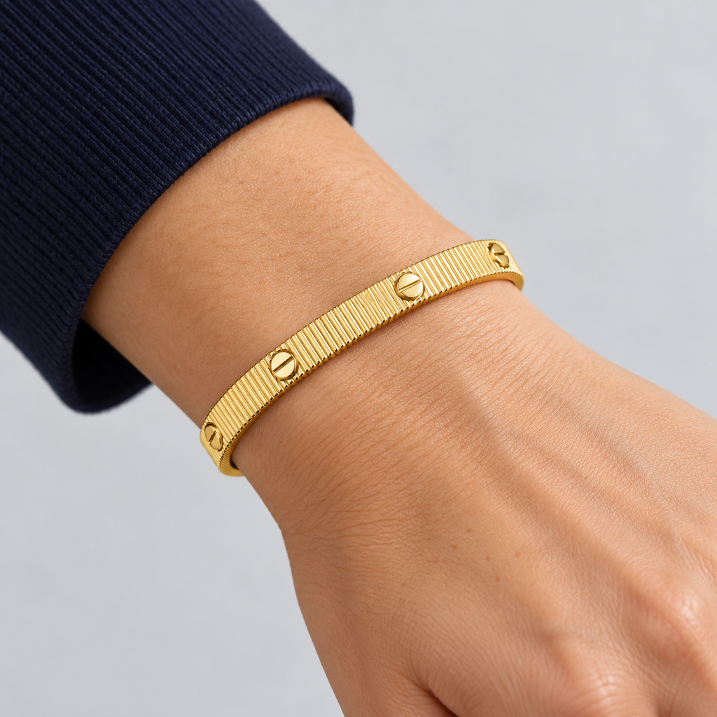 Ribbed Bangle – Gold Tone — wrist try-on