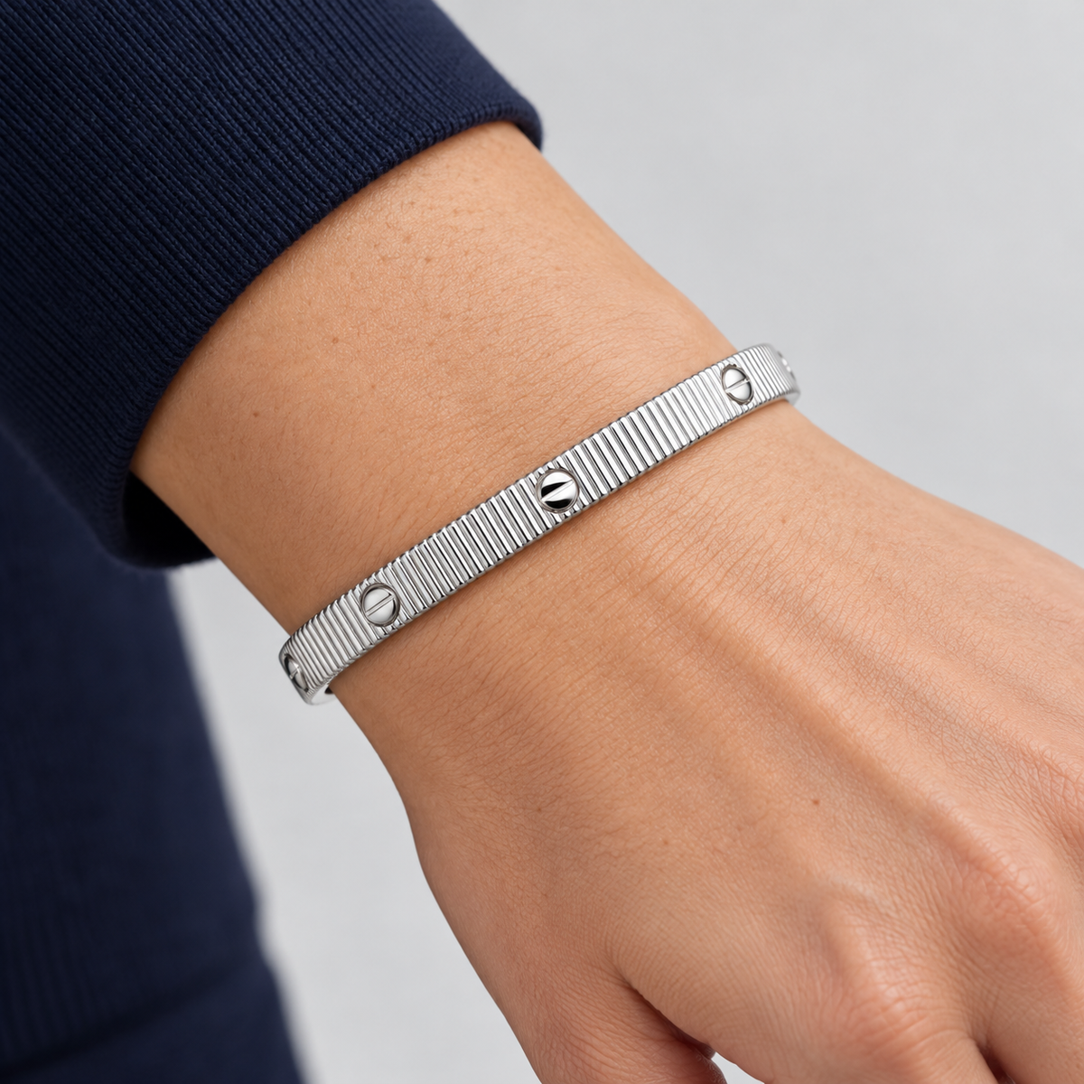 Ribbed Bangle – Silver Tone — wrist try-on