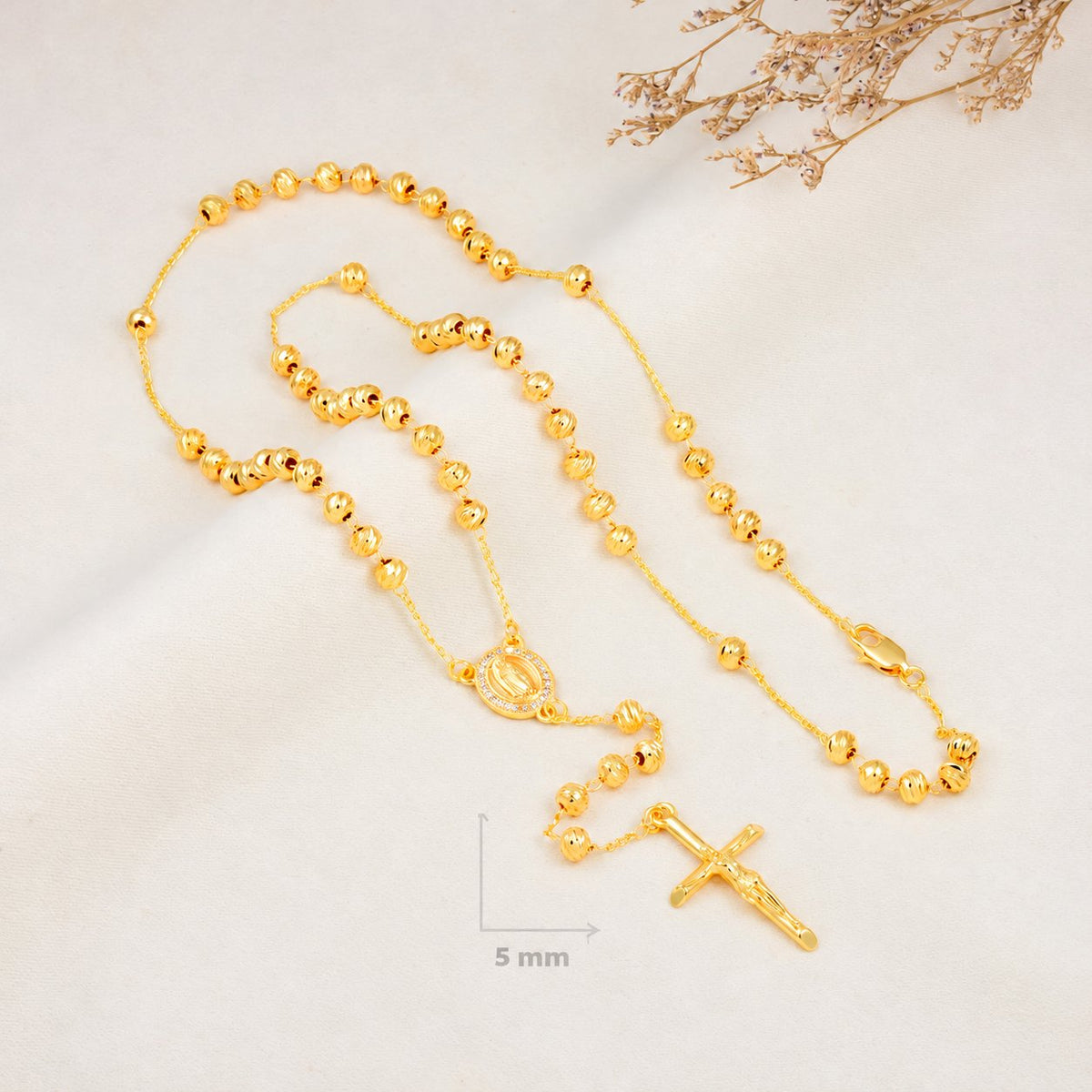 Lucia Grande Gold-Plated Rosary — complete product view; QR removed