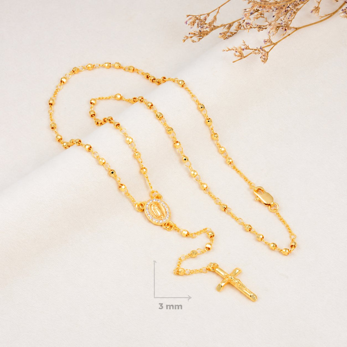 Clara Petite Gold-Plated Rosary — complete product view; QR removed