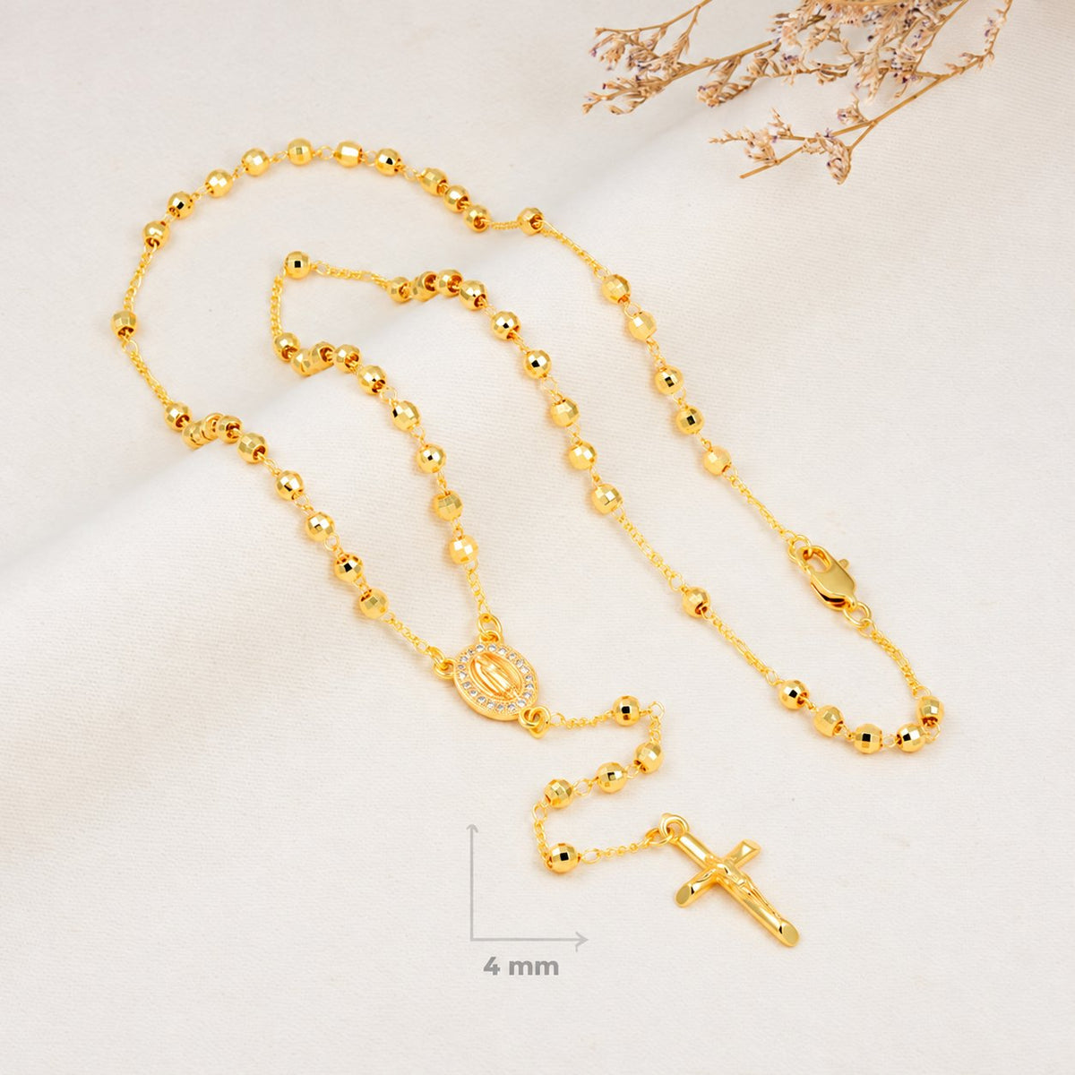 Clara Classic Gold-Plated Rosary — complete product view; QR removed