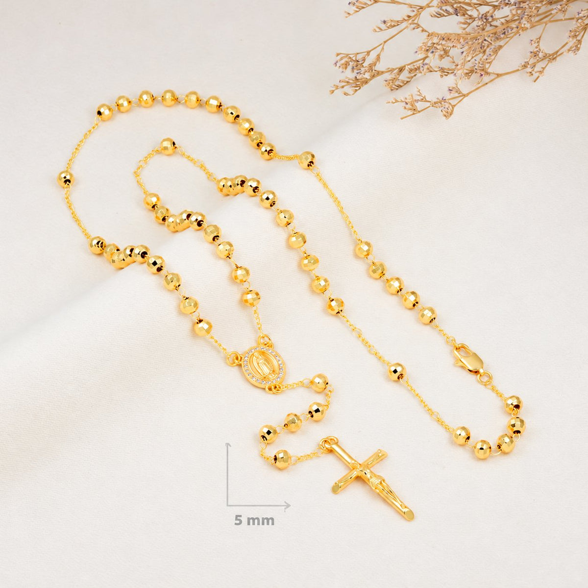 Clara Grande Gold-Plated Rosary — complete product view; QR removed
