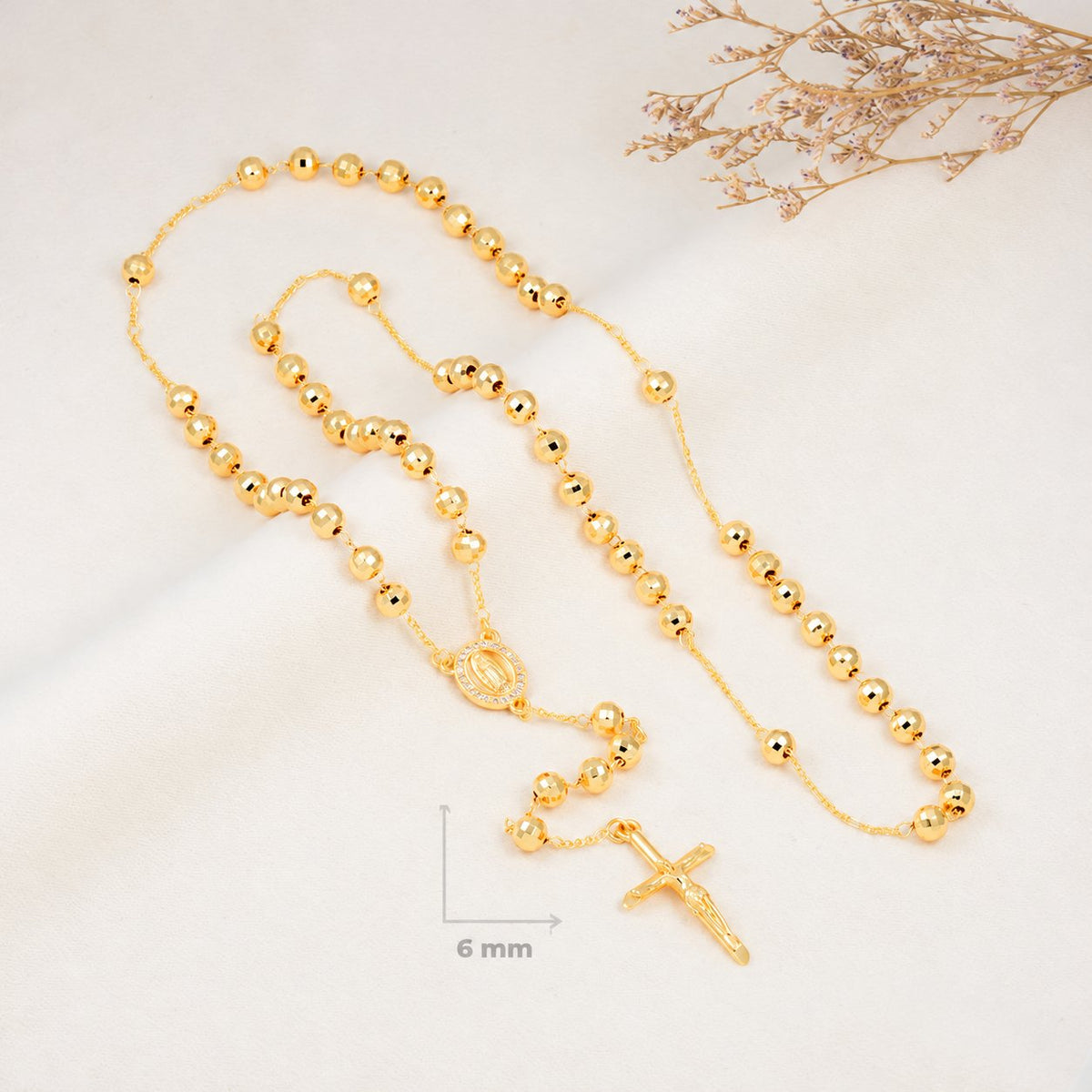 Clara Bold Gold-Plated Rosary — complete product view; QR removed