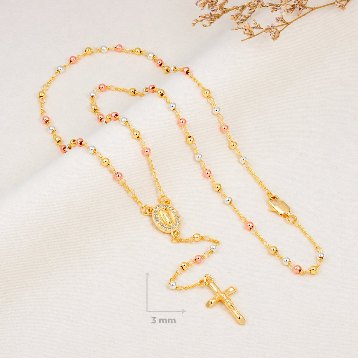 Faith Petite Tri-Tone Rosary — complete product view; QR removed
