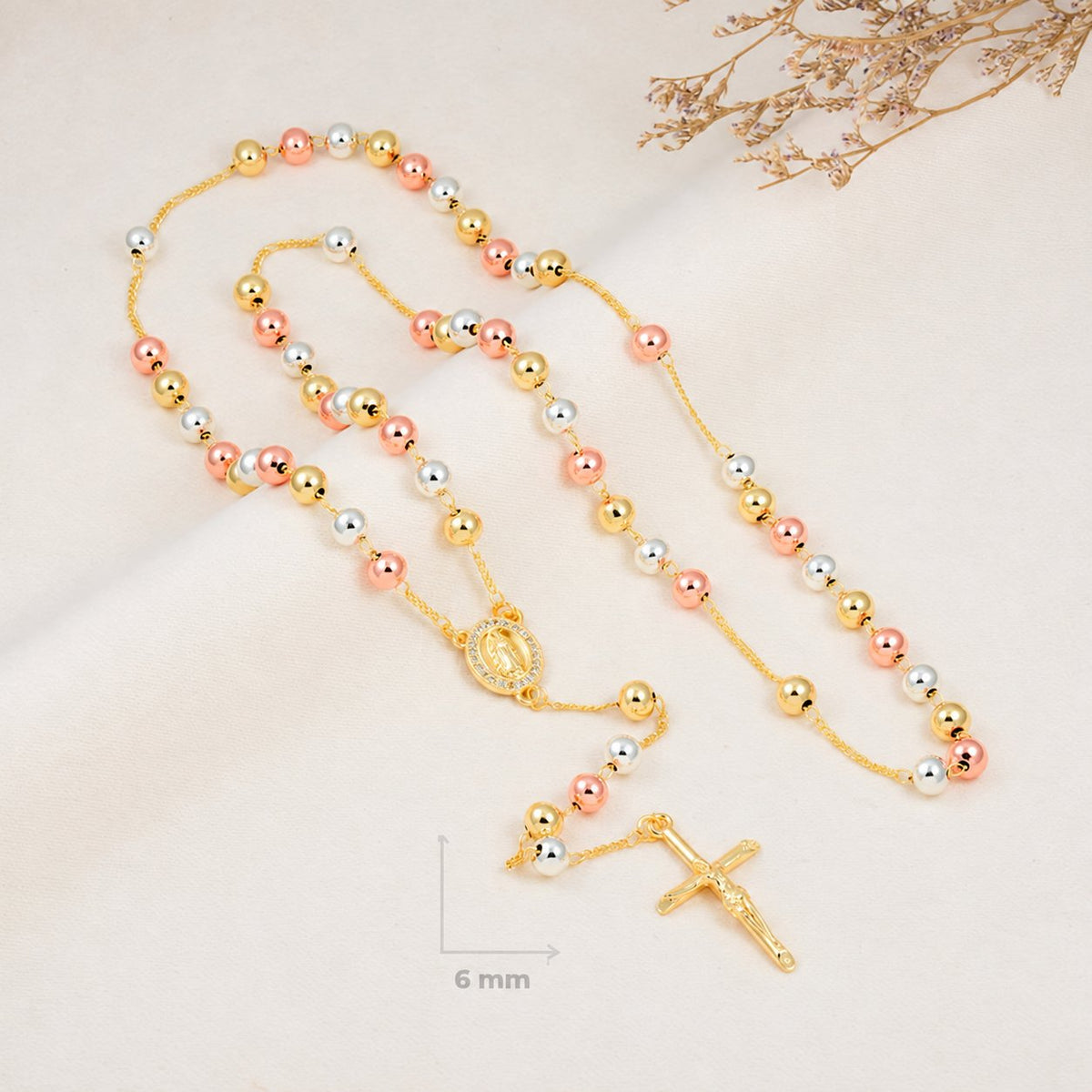 Faith Bold Tri-Tone Rosary — complete product view; QR removed