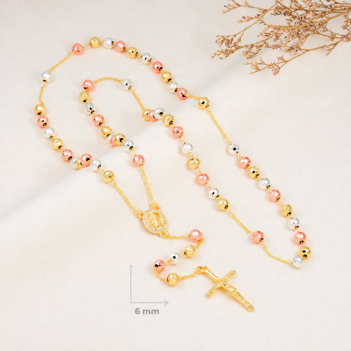 Serena Bold Tri-Tone Rosary — complete product view; QR removed