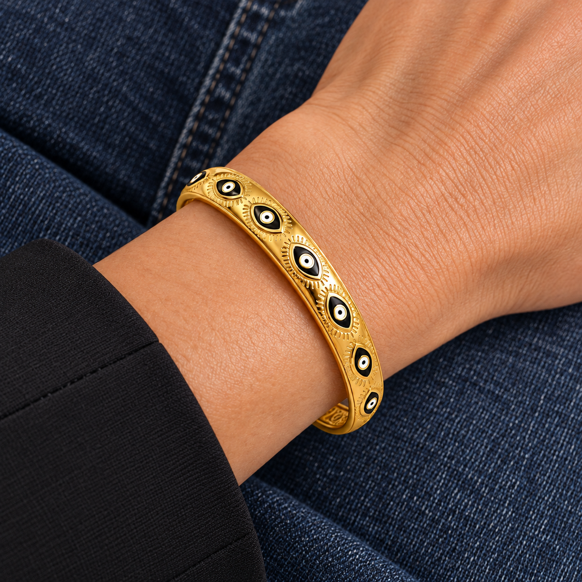 Sage Evil Eye Bracelet worn on wrist with modern everyday clothing