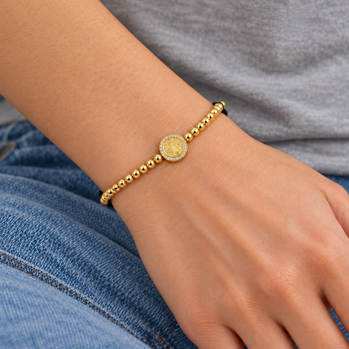 Saint Benedict Beaded Bracelet worn with casual everyday clothing
