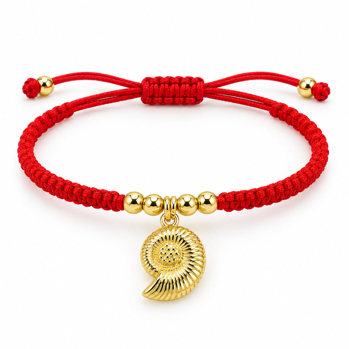 Seashell Cord Bracelet, red adjustable cord and dangling gold seashell charm