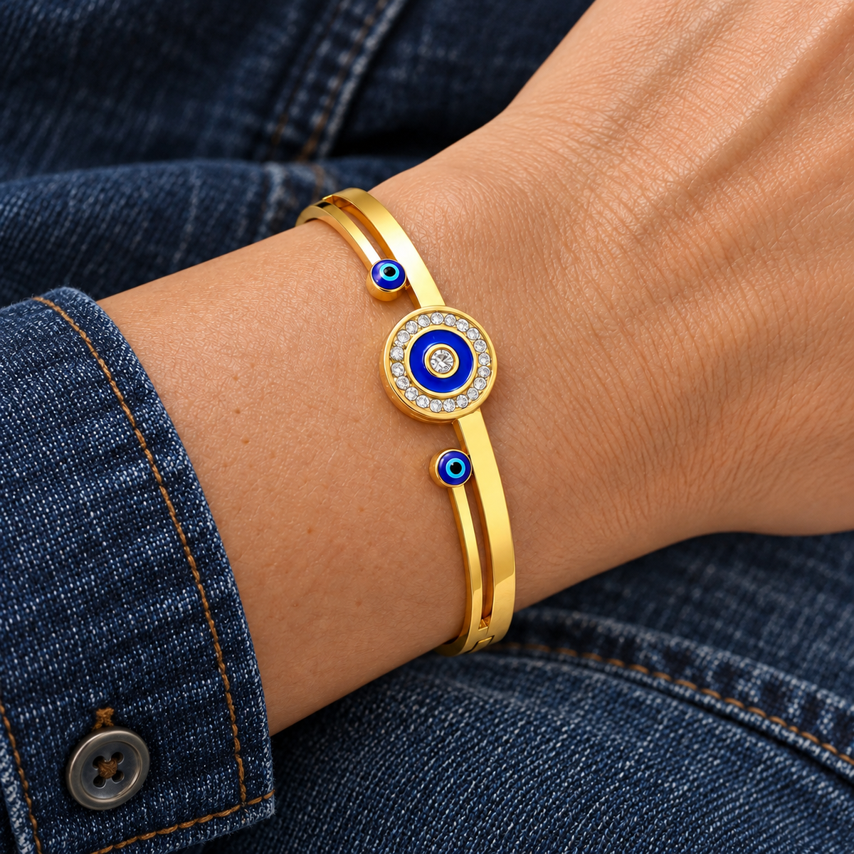 Seraphina Evil Eye Bracelet worn on wrist with modern everyday clothing