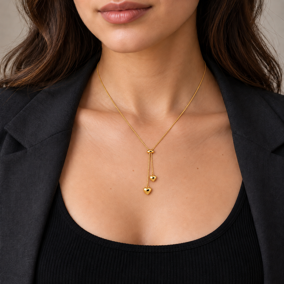 Siena Heart Necklace try-on with delicate proportions, small puffy hearts, box chain and oval slider