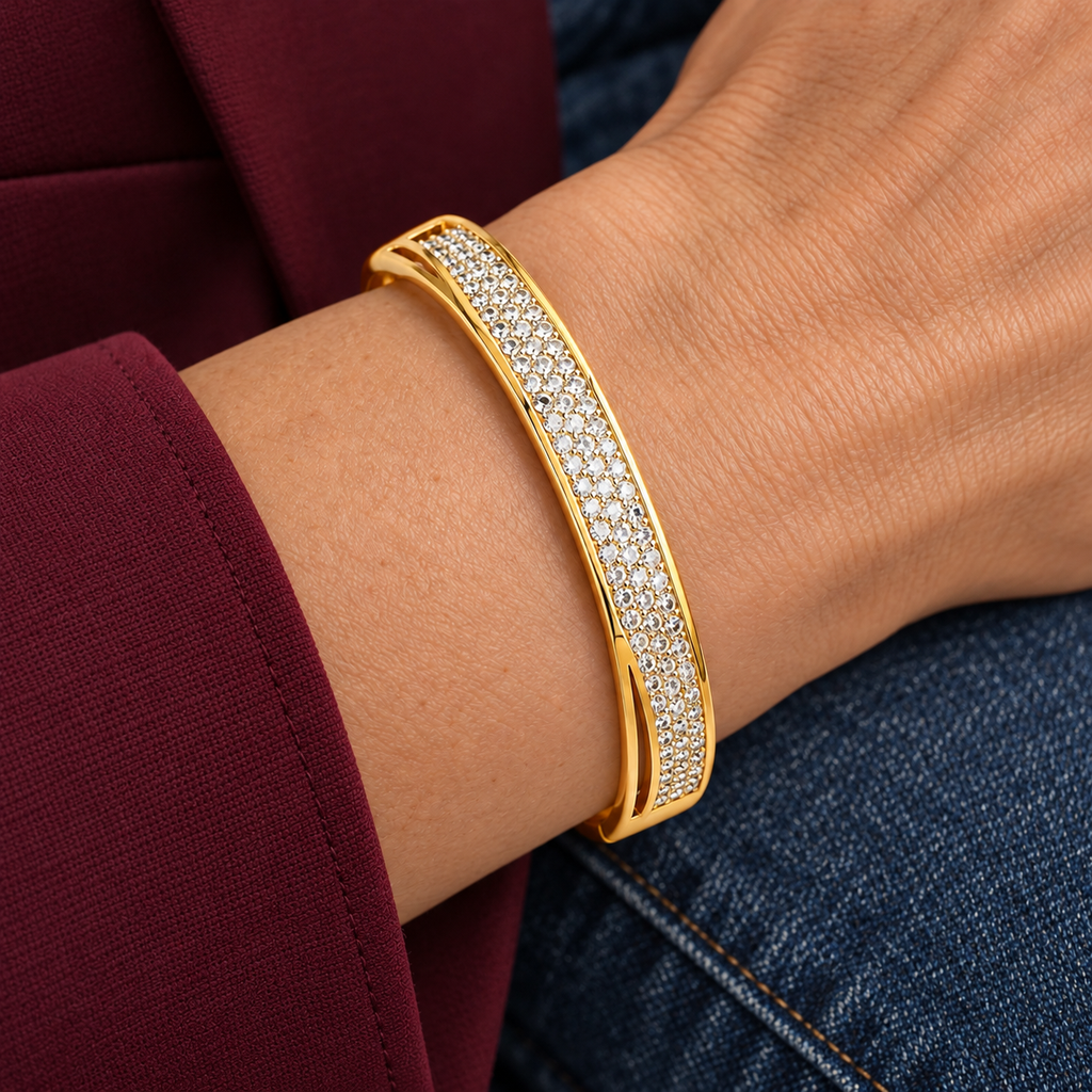 Skye Crystal Bracelet worn on wrist with modern everyday clothing