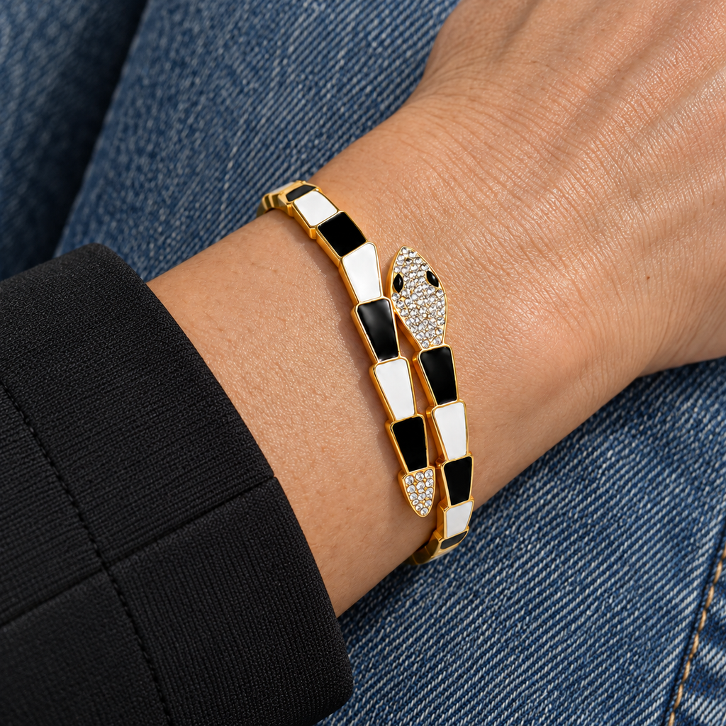 Solara Snake Bracelet worn on wrist with modern everyday clothing