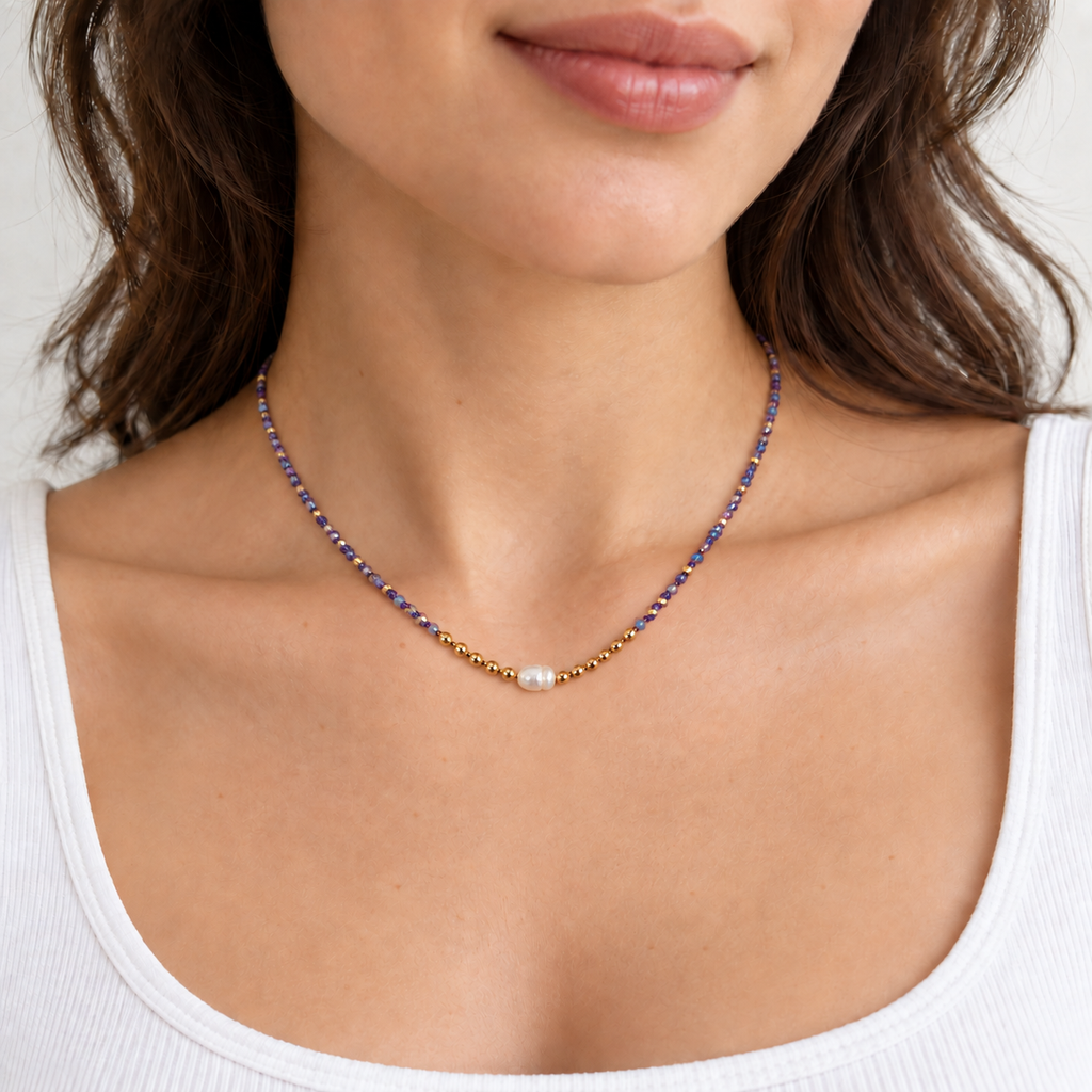 Sora Freshwater Pearl Necklace — try-on with refined proportions