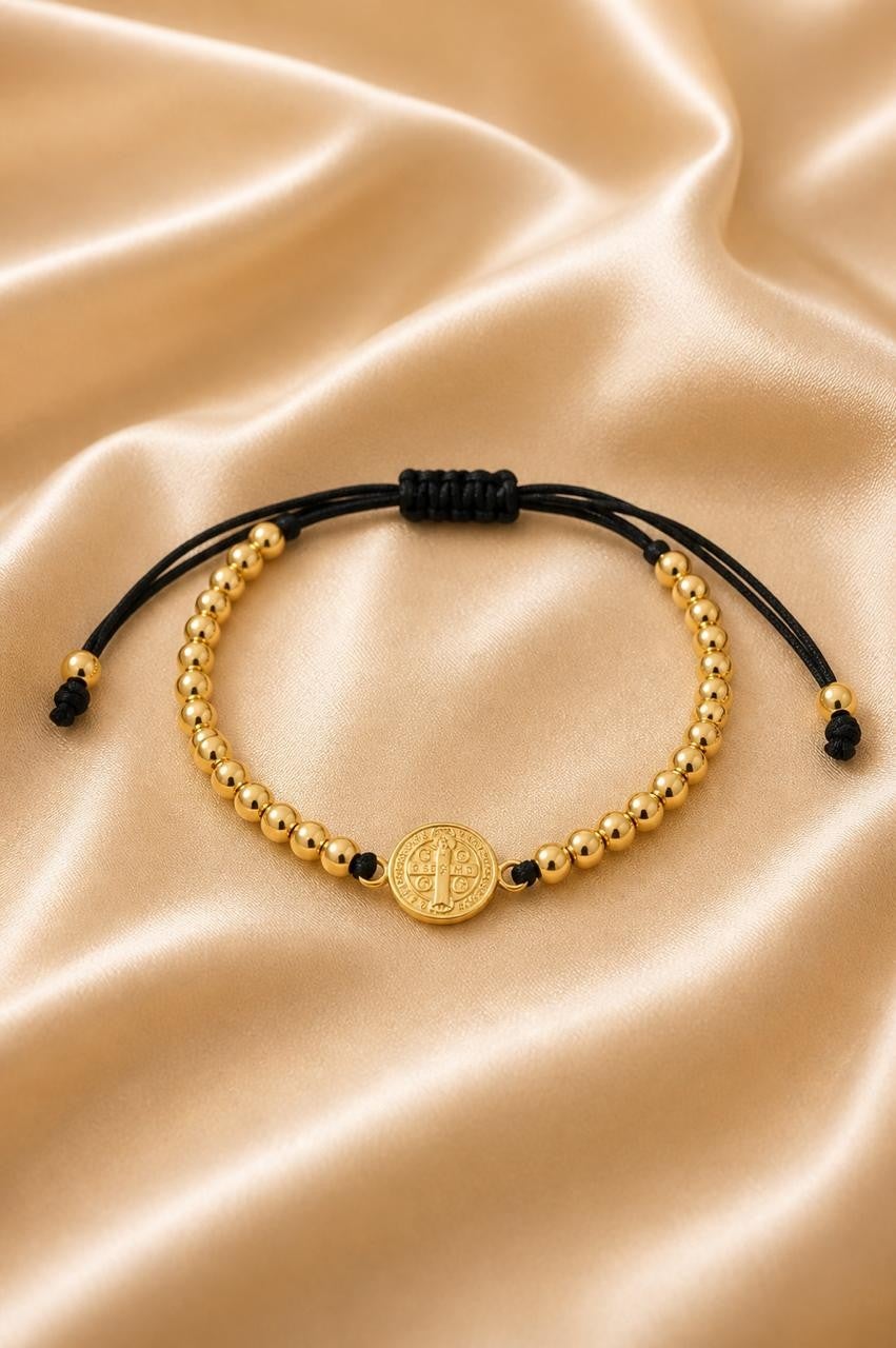 Adjustable black  Bracelet - Gold Plated