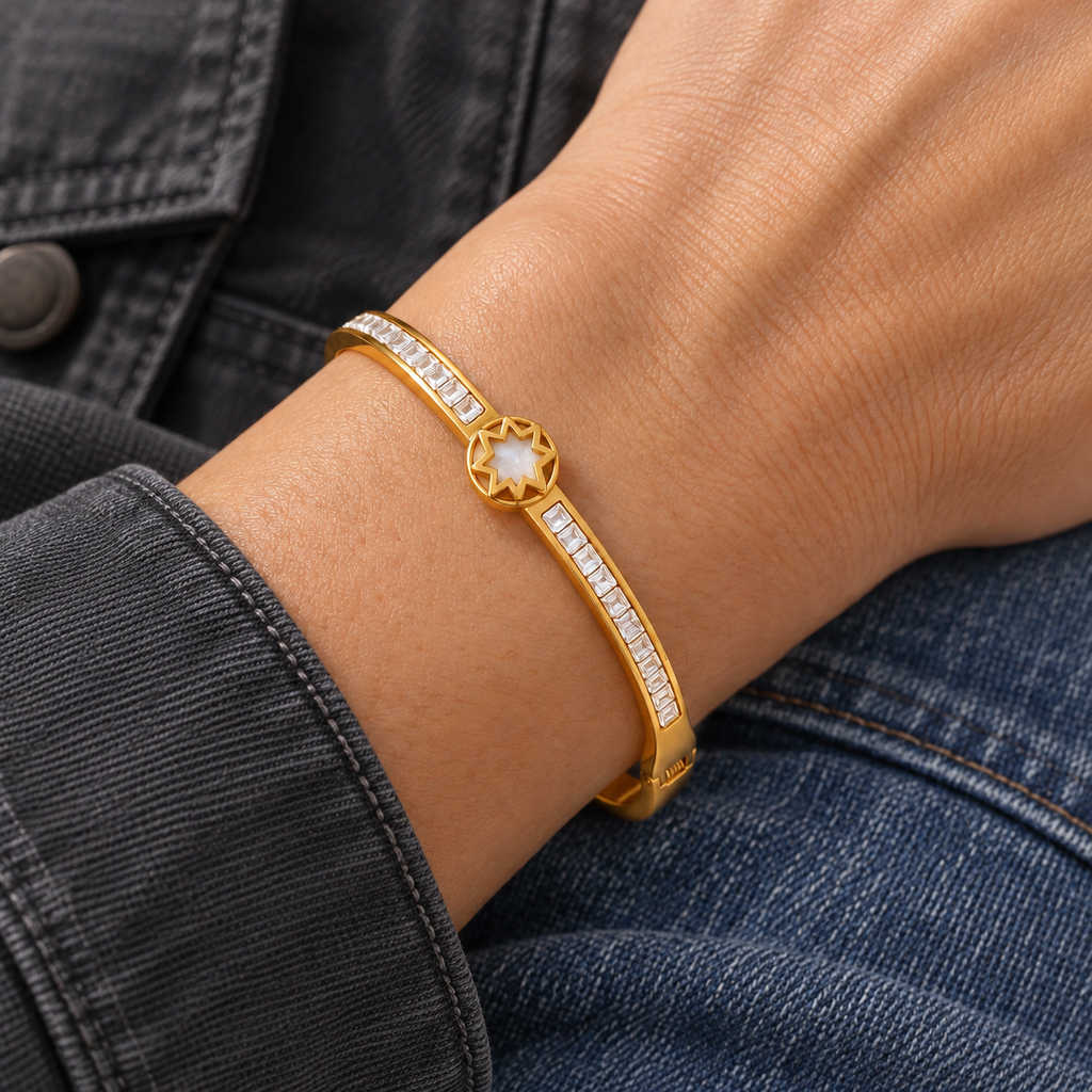 Thea Crystal Bracelet worn on wrist with modern everyday clothing