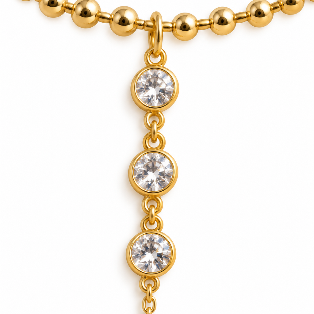 Three-Stone CZ Hand Chain Bracelet — close-up of jewelry details