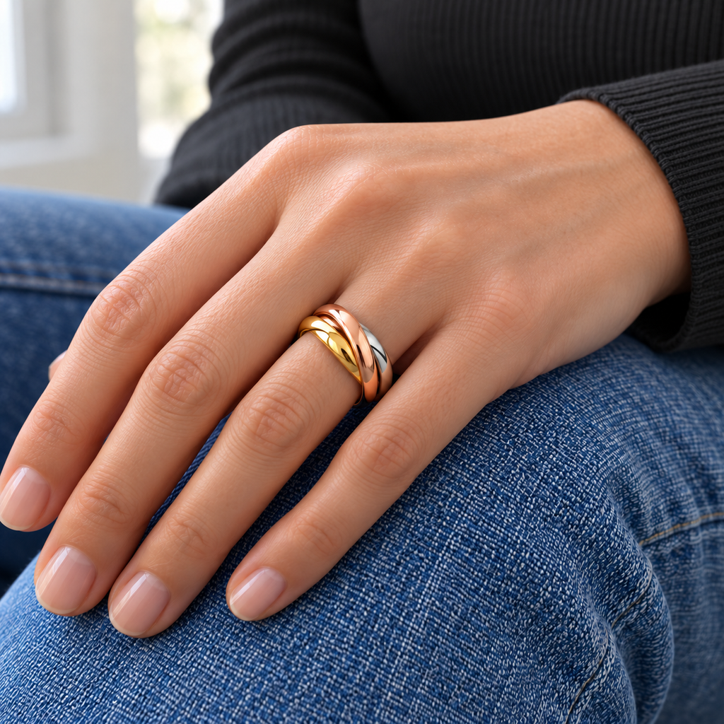 Three-Tone Interlocking Ring try-on with charcoal ribbed top and blue jeans