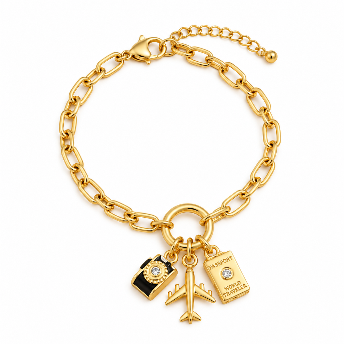 Travel Charm Paperclip Bracelet — full bracelet on white background