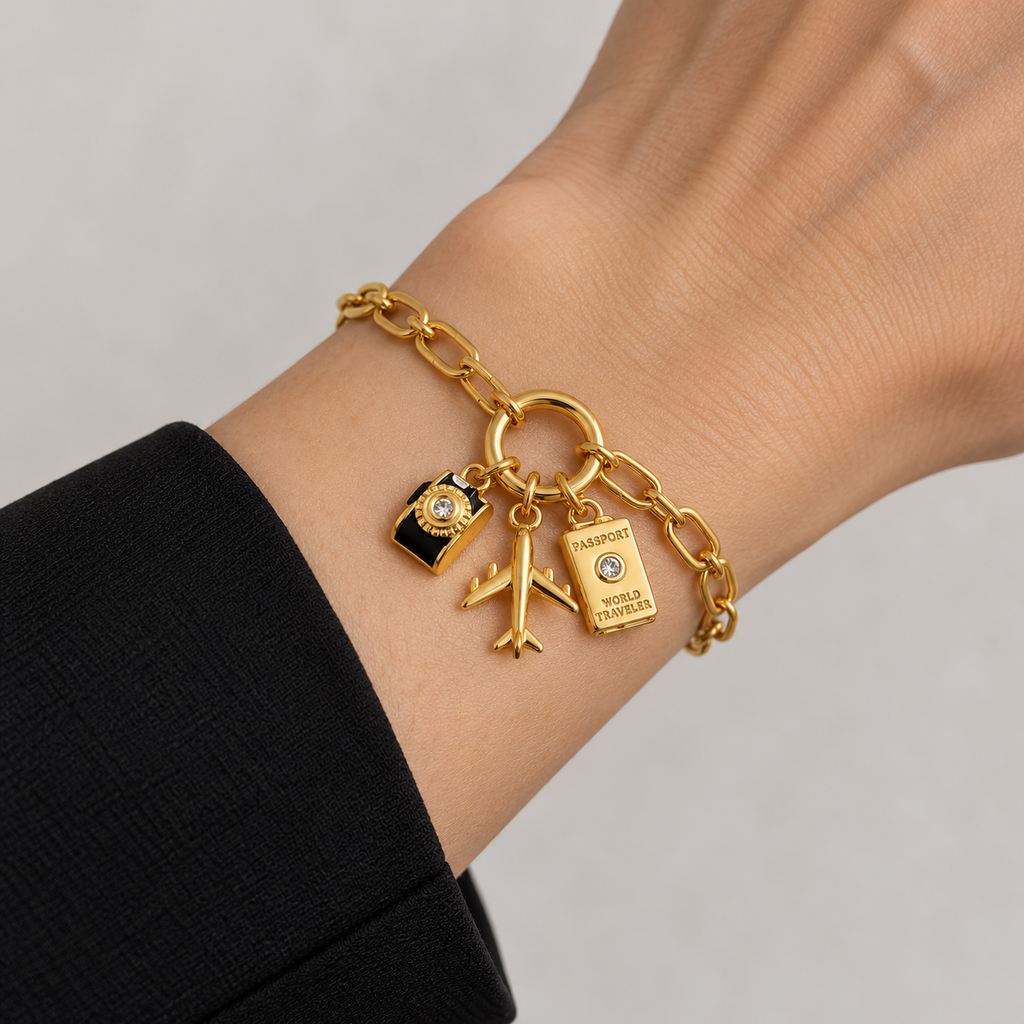 Travel Charm Paperclip Bracelet — worn on wrist
