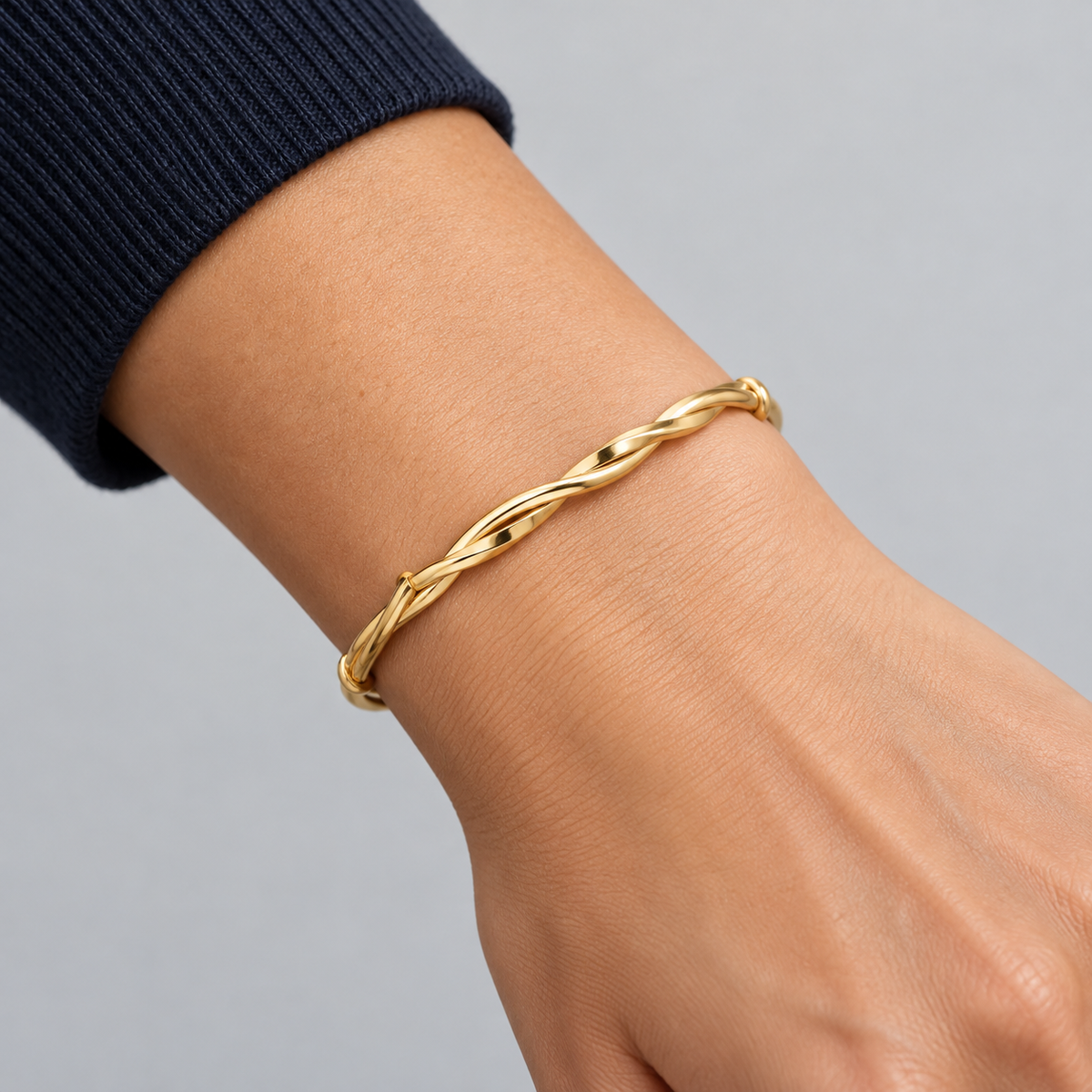 Twisted Adjustable Bangle — wrist try-on, corrected fit