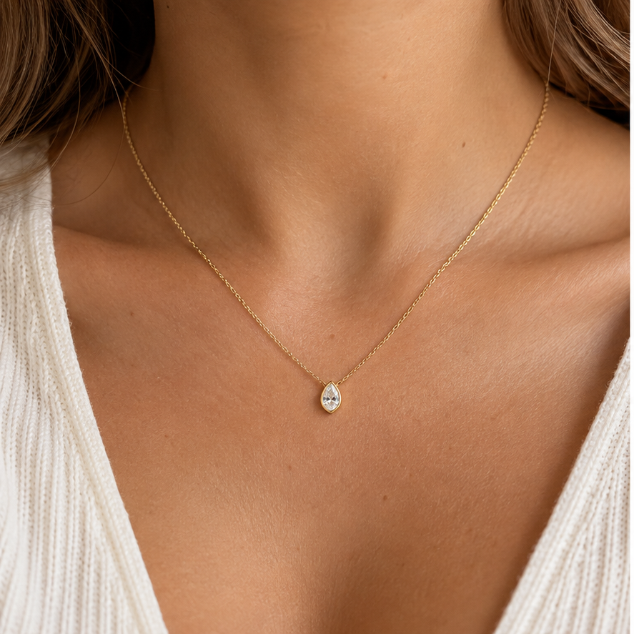 Vela Crystal Necklace worn on neck