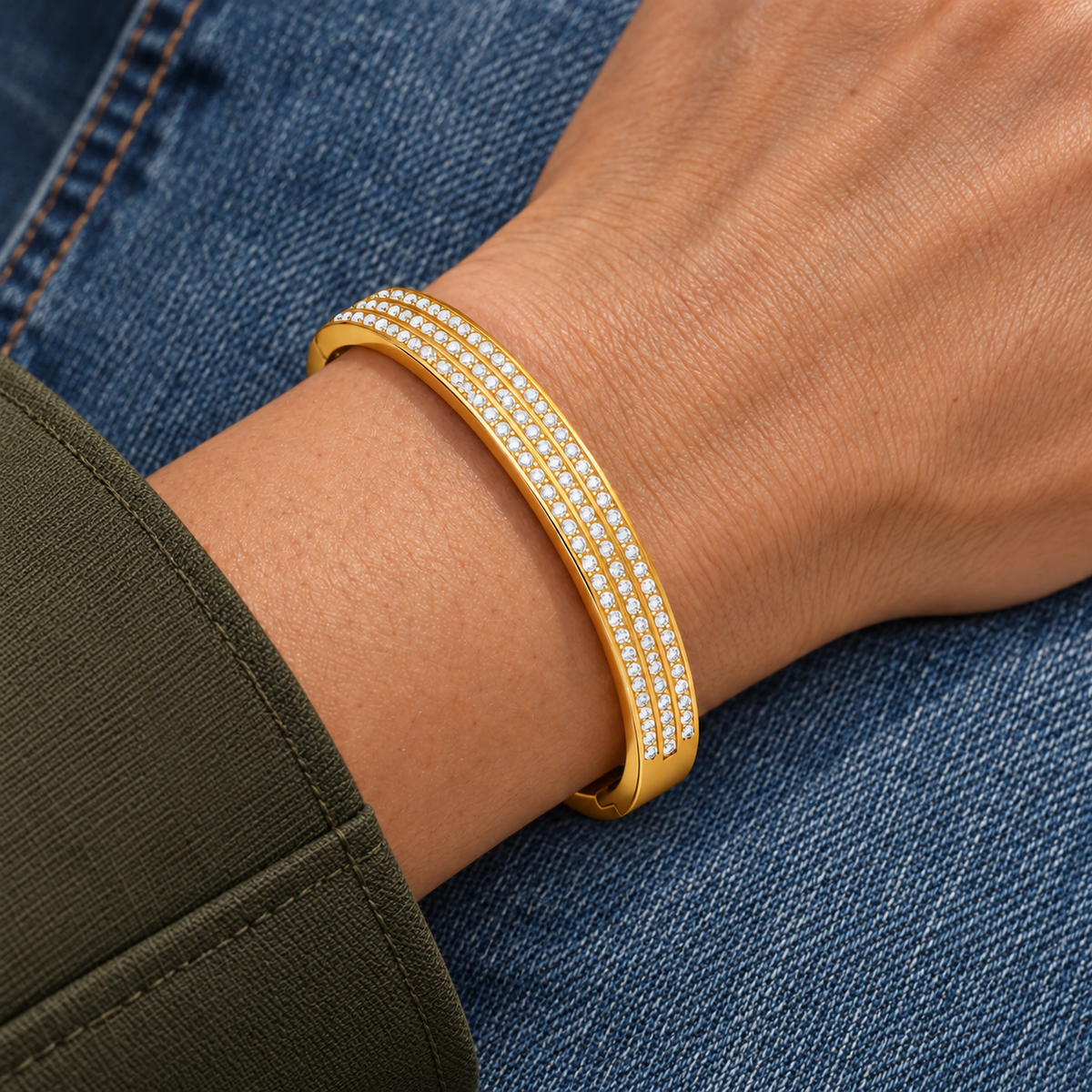 Vera Crystal Bracelet worn on wrist with modern everyday clothing