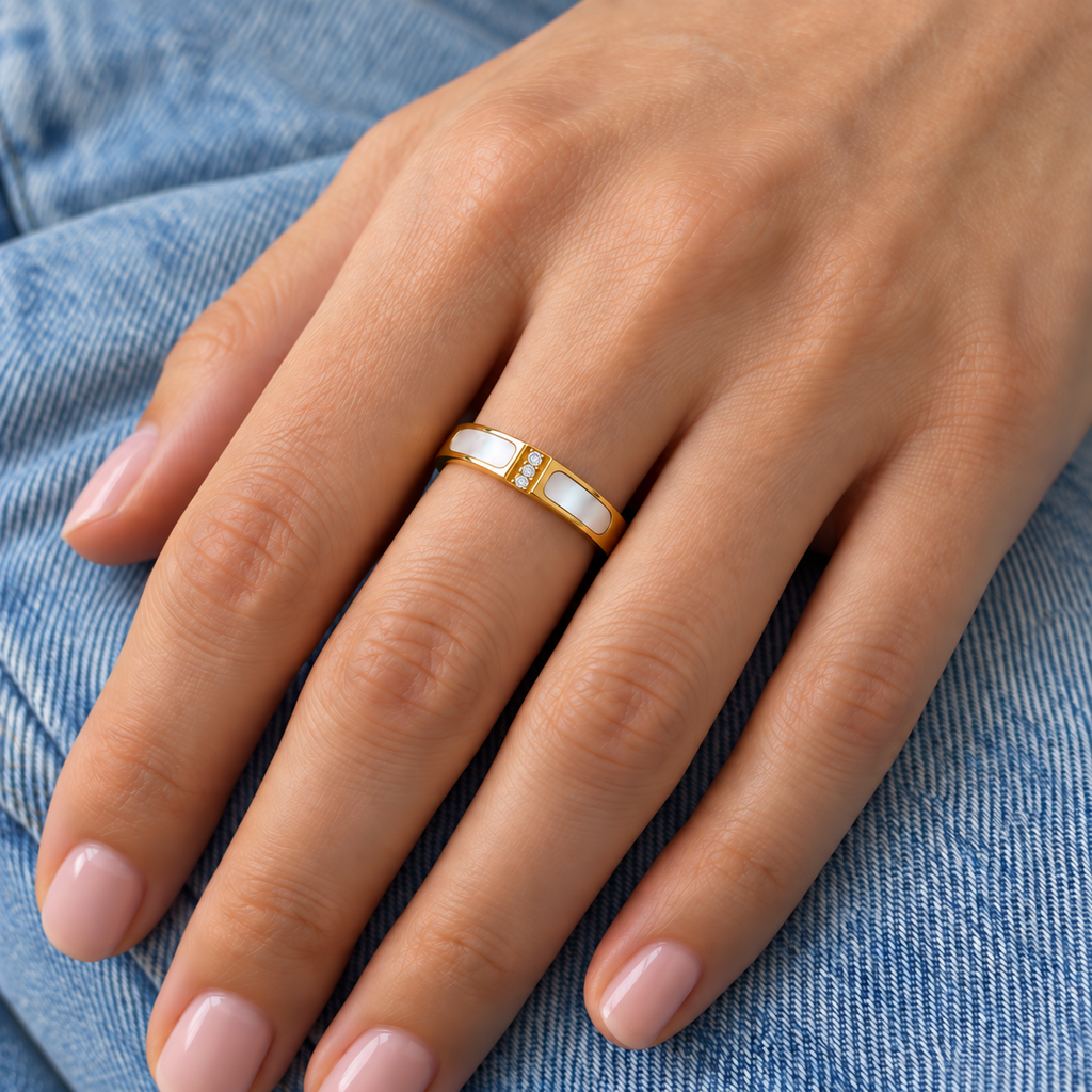Vera Crystal Ring virtual try-on, worn alone with three clear stones across the band and white pearlescent inlays
