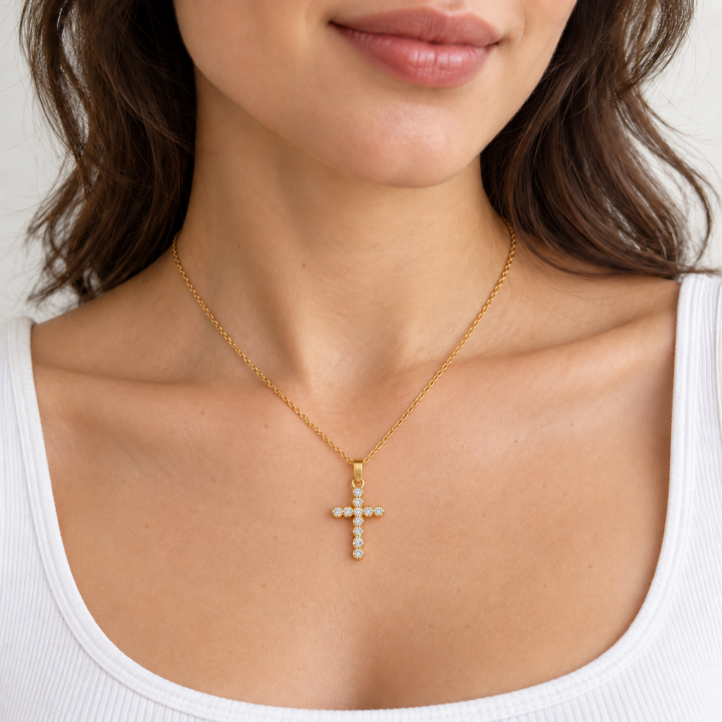 Vera Cross Necklace — try-on with corrected proportions