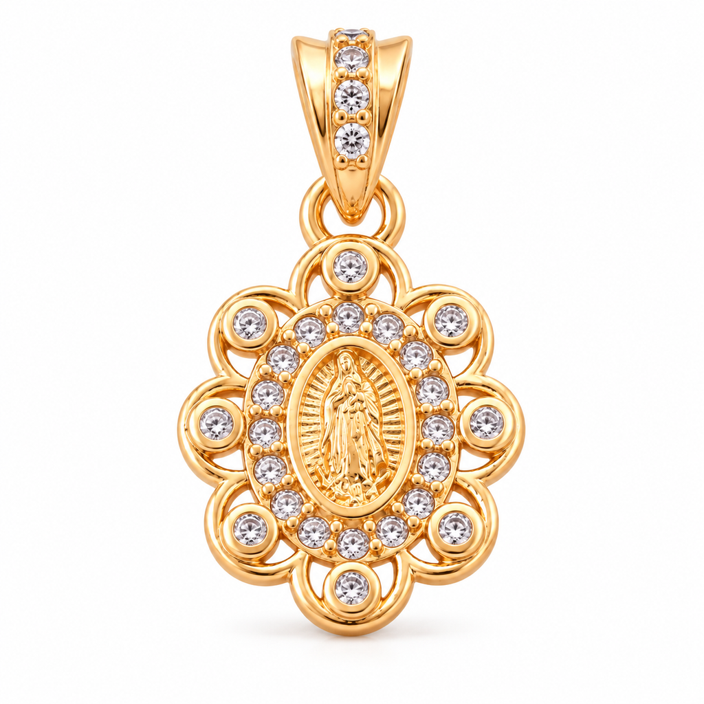 Virgin Mary Halo Pendant - 18K Gold Filled, high-definition close-up on white