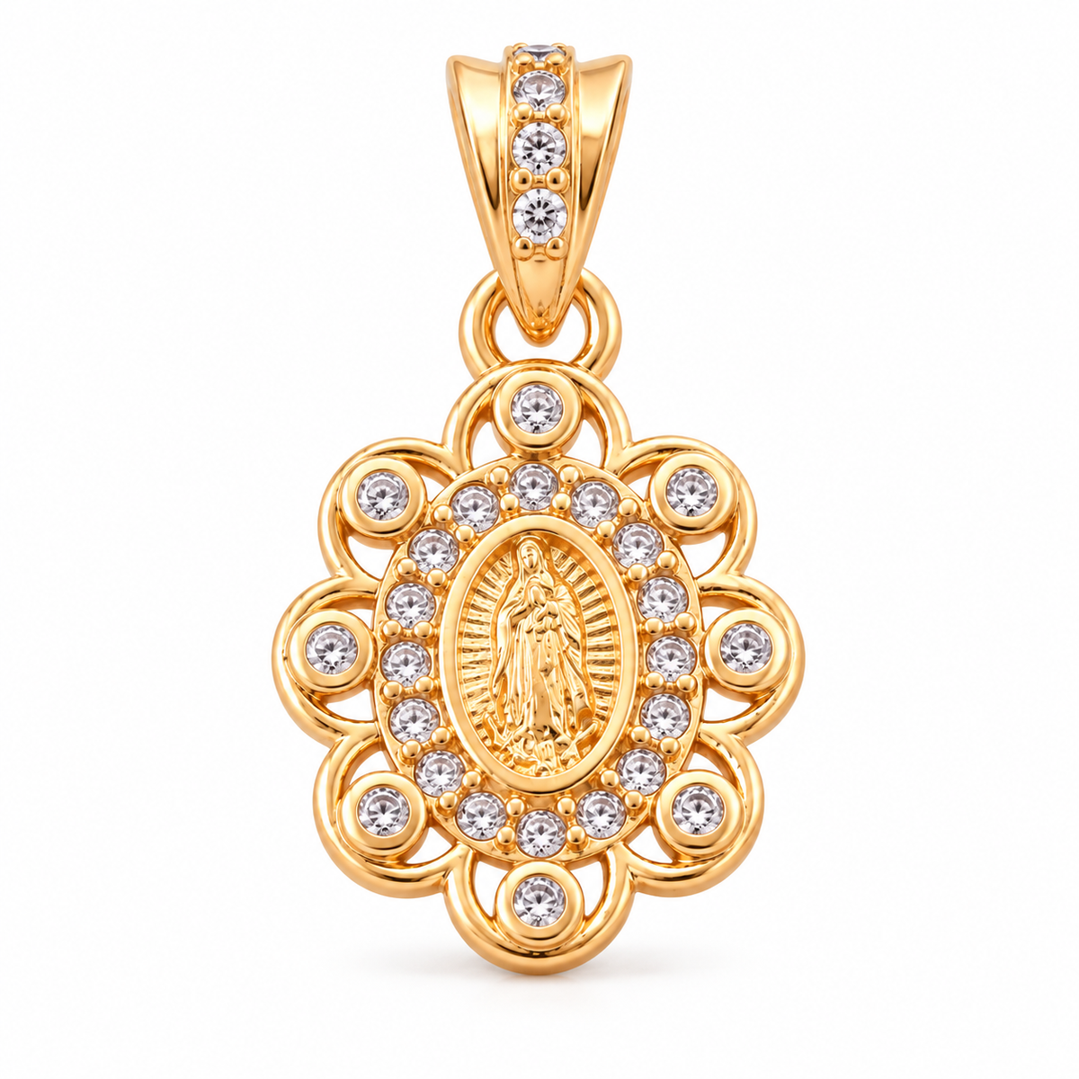Virgin Mary Halo Pendant - 18K Gold Filled, high-definition close-up on white