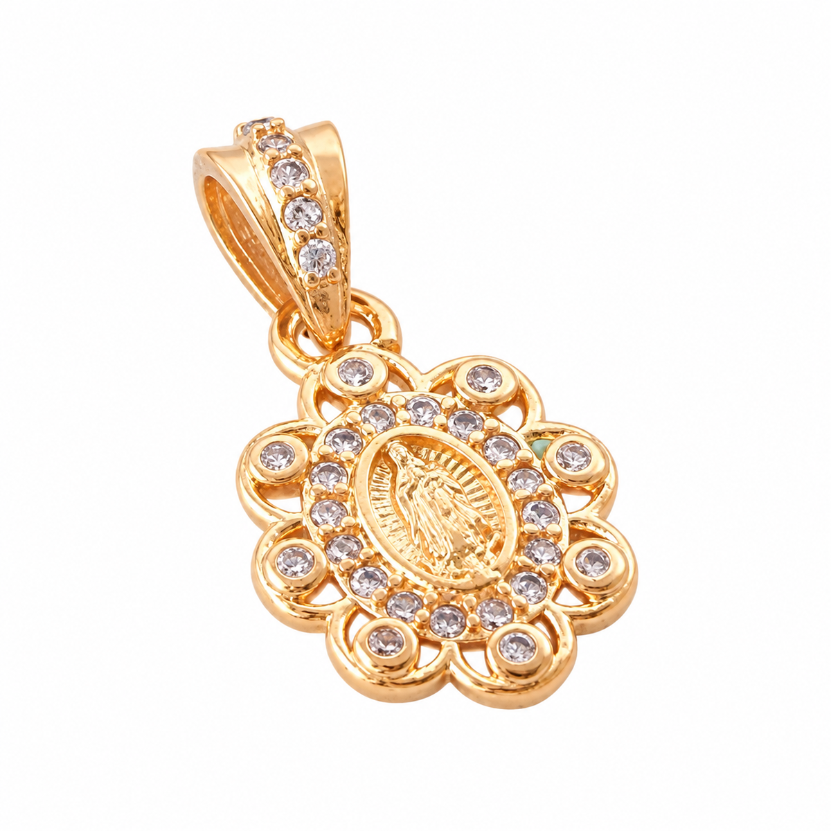 Virgin Mary Halo Pendant - 18K Gold Filled on a uniform white background