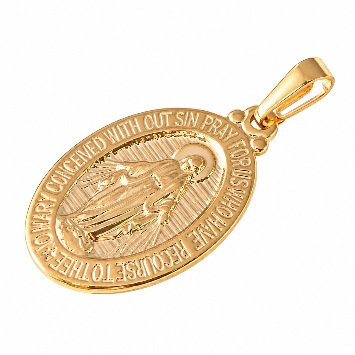 Virgin Mary Medal Charm - 18K Gold Filled, high-definition close-up on white