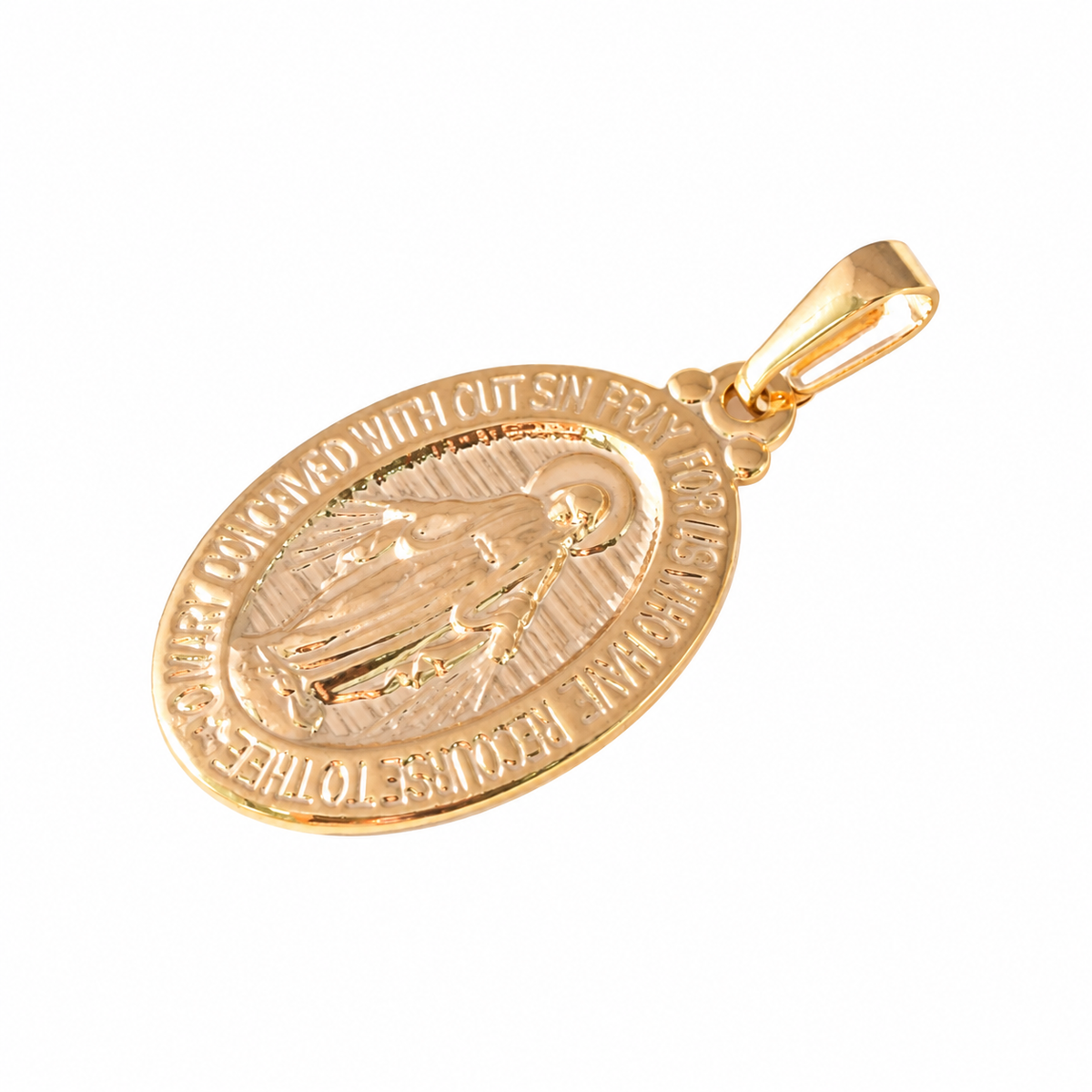 Virgin Mary Medal Charm - 18K Gold Filled on a uniform white background